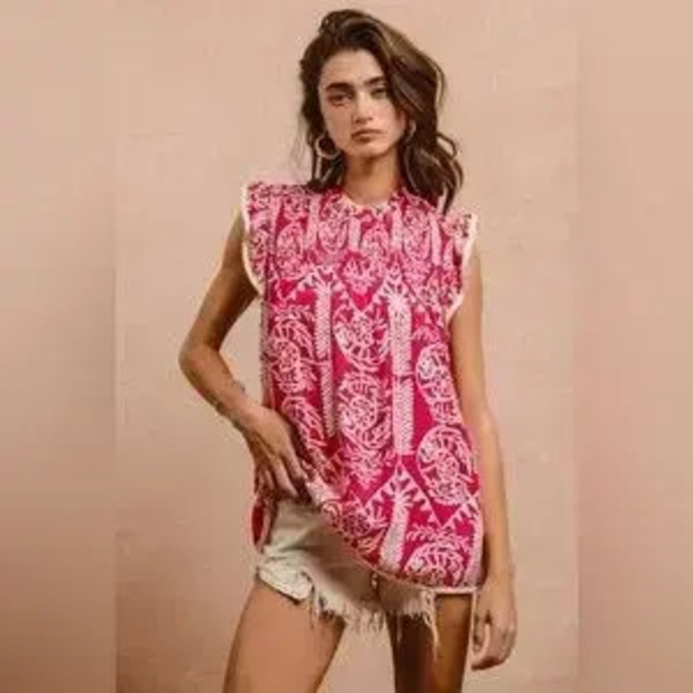 BiBi Printed Ruffle Sleeve Top - Picture 1 of 5